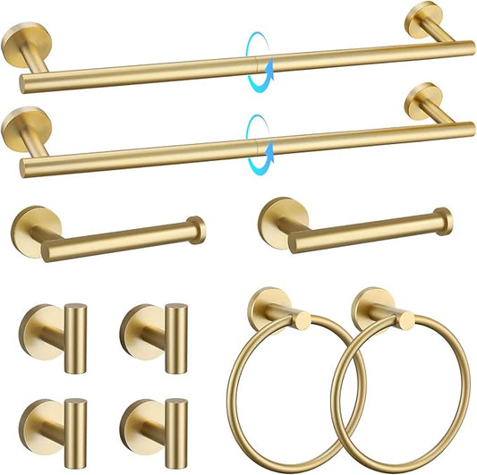 TQKAG Brushed Gold Bathroom Hardware Accessories Set 10-Pieces, Premium SUS304 Stainless Steel Bathroom Towel Bar Holder Set 23.6 Inch Round Towel Racks for Bathroom Wall Mounted