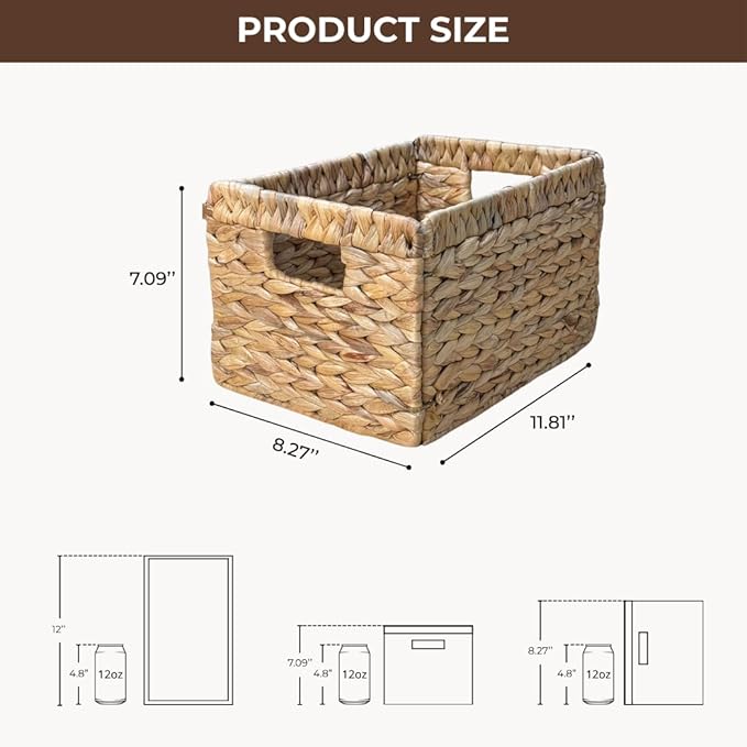 Wicker Basket For Shelves, Baskets for Organizing, Woven Storage Basket Built-in Handles for pantry, shelves, kitchen (Medium 2-Pack, Natural Water Hyacinth)