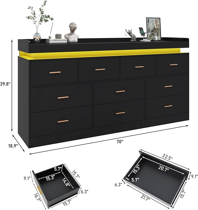 10 Drawer Dresser with Charging Station and LED Lights, Modern Chest of Drawers with Power Outlet, Organizer Cabinet for, Living Room, Entryway, Black
