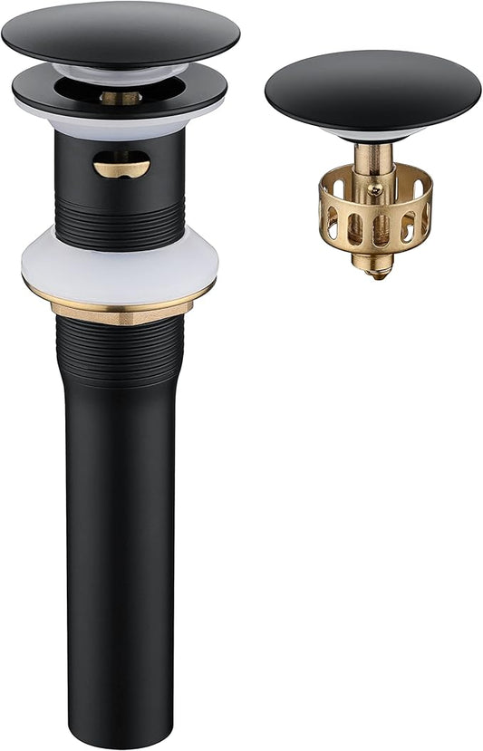 Pop up Sink Drain Stopper for Bathroom Vessel Vanity Sink Art Basin Matte Black ，Big Cap with Overflow, Metal Pop-up Drain Strainer with Detachable Basket Stopper
