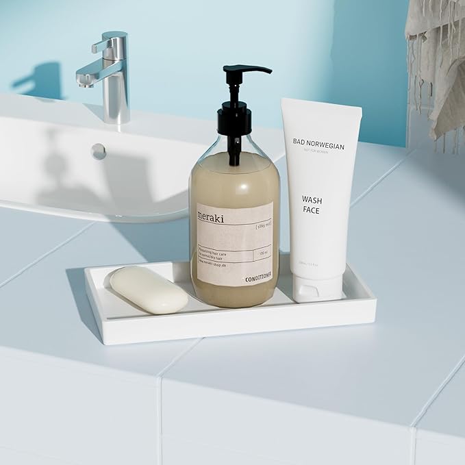 Vanity and Bathroom Tray, 7.7" ABS Countertop Organizer,Waterproof Vanity Tray for Toilet Tank,Perfume,Soap,Keys,Bathroom Accessories,Kitchen and Bath Trays,Non Slip Small Trays,White,2 Pack