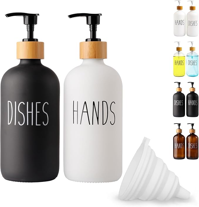 2 Pack Glass Soap Dispenser Set, Hand and Dish Glass Soap Dispensers for Kitchen Sink, Kitchen Soap Dispenser Set Suitable for Black and White Kitchen Décor