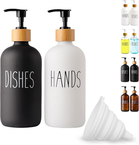 2 Pack Glass Soap Dispenser Set, Hand and Dish Glass Soap Dispensers for Kitchen Sink, Kitchen Soap Dispenser Set Suitable for Black and White Kitchen Décor