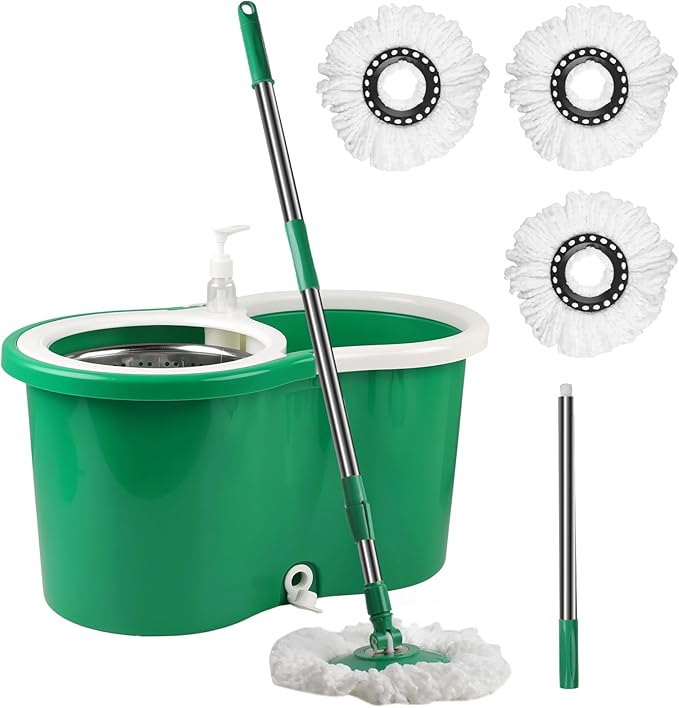 Spin Mop and Bucket with Wringer Set, 360° Spinning Mop Bucket System with 3 Microfiber Mop Replacement Heads and 61" Stainless Steel Adjustable Handle for Floor Cleaning (20QT)