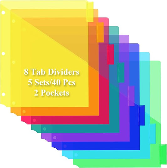 40 Pack Plastic 8-Tab Dividers with 2 Pockets and Insertable Tabs, 3 Ring Binder Dividers for Letter Size, Assorted Colors