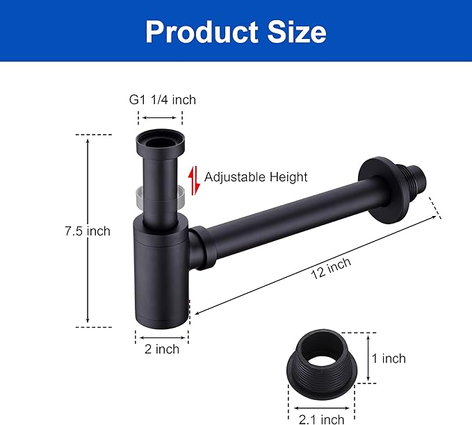 Round Bottle P-Trap 1 1/4 Adjustable Bathroom Basin Sink Waste Trap Drain Kit, Bathroom Bottle P Trap Waste Pipe, Matte Black