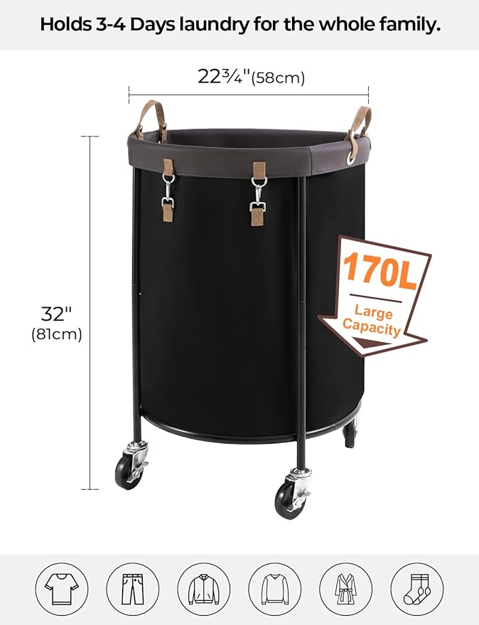 StorageWorks 170L Rolling Laundry Basket, Clothes Hamper with Wheels, Round Clothing Cart with Steel Frame and Removable Bag, 4 Casters and 2 Brakes, Black, 1-Pack