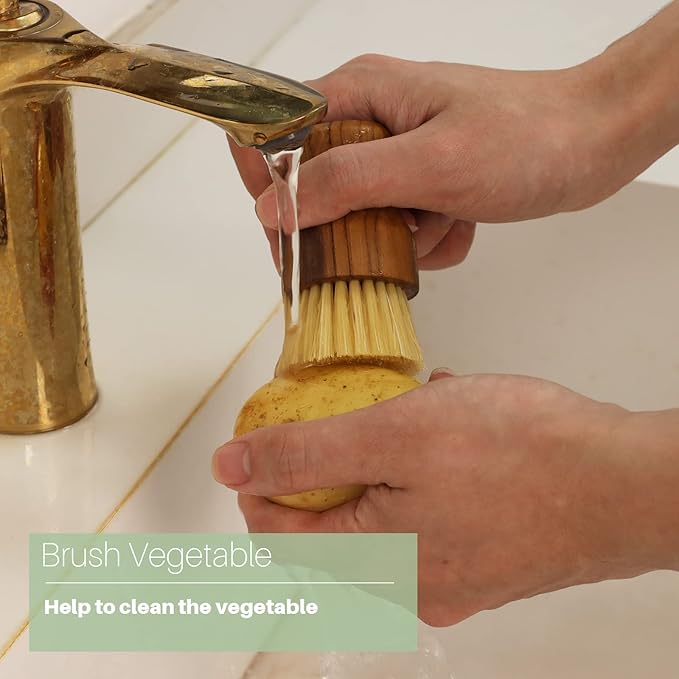 Teak Dish Scrub Brush 2PCS by HTB, Good Grip Small Wooden Dish Brush with Teak Handle & Sisal Bristles for Kitchen, Wood Cleaning Scrubbers Set for Washing Pan/Pot/Vegetable/Fruit