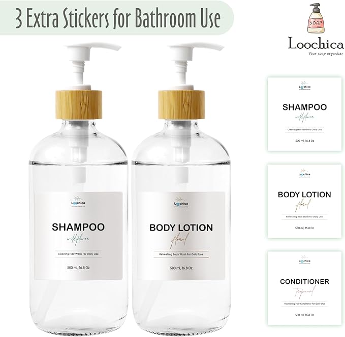 2 Pack Clear Glass Soap Dispenser with Plastic Pump, Transparent Dish and Hand Soap Dispenser Set, Refillable Reusable Apothecary Soap Pump Dispenser Bottles for Bathroom and Kitchen