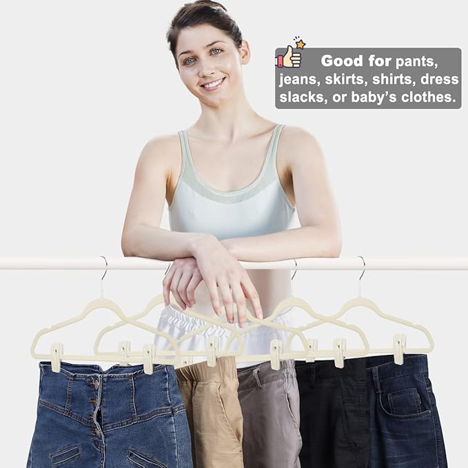 Velvet Hanger Clips for Velvet Hangers - 20 PCS Beige Non-Slip Velvet Clip for Skirt Hanger, Strong Flocking Clips Fit for Ivory Velvet Hangers