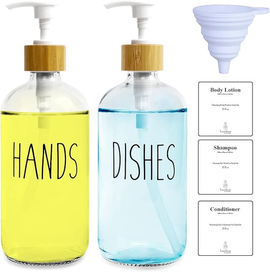 2 Pack Clear Glass Soap Dispenser with Plastic Pump, Transparent Dish and Hand Soap Dispenser Set, Refillable Reusable Apothecary Soap Pump Dispenser Bottles for Bathroom and Kitchen