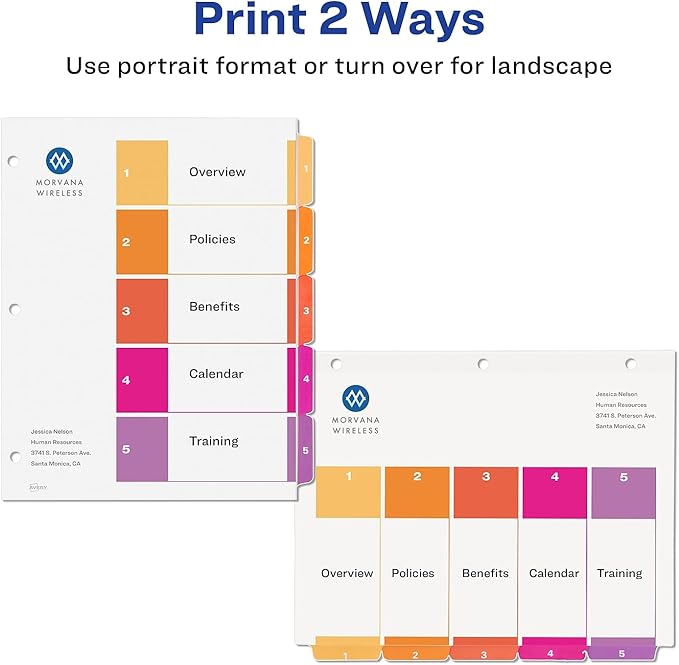 Avery Dividers for 3 Ring Binders, 5 Tabs per Set, Customizable Table of Contents, Multicolor Tabs, Great for Organizing High-Volume Reports, Projects, and More (24 Sets of 11167)
