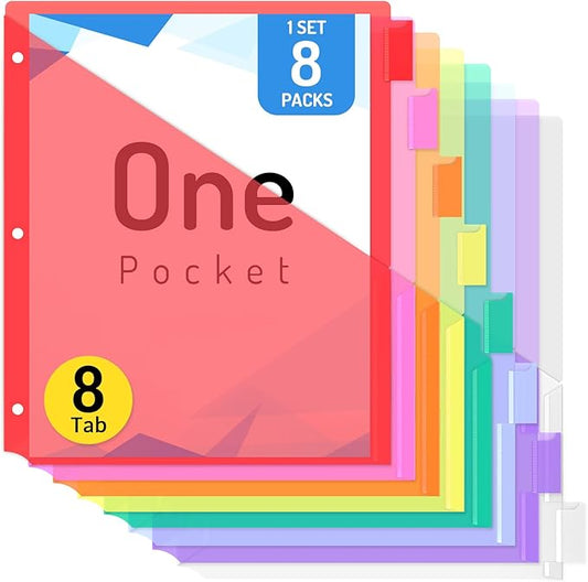 Forvencer 8 Count Dividers for 3 Ring Binder, Binder Dividers with Pocket for US Letter Size, Binder Dividers with Tabs for School Office and Home Organization, Multicolor, 1 Set