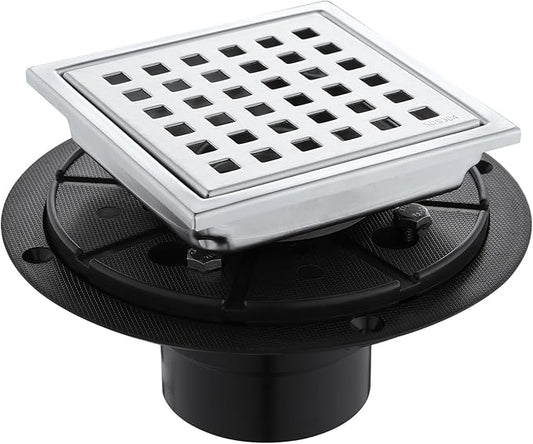 Square Shower Drain 4-Inch. with ABS Flange, Removable Grille,Bathroom Brushed Stainless Steel Shower Floor Drain