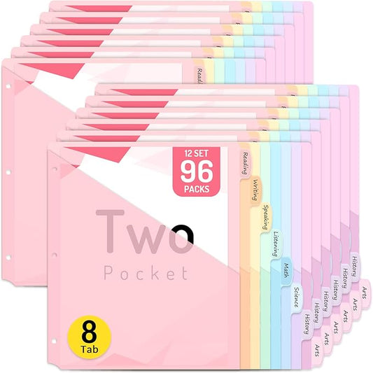 Forvencer 96 Count Binder Dividers with Two Pockets, 8 tab Dividers for 3 Ring Binders Organizer, Binder Divider with Tabs for School Office and Home Organization, Multicolor, 12 Sets