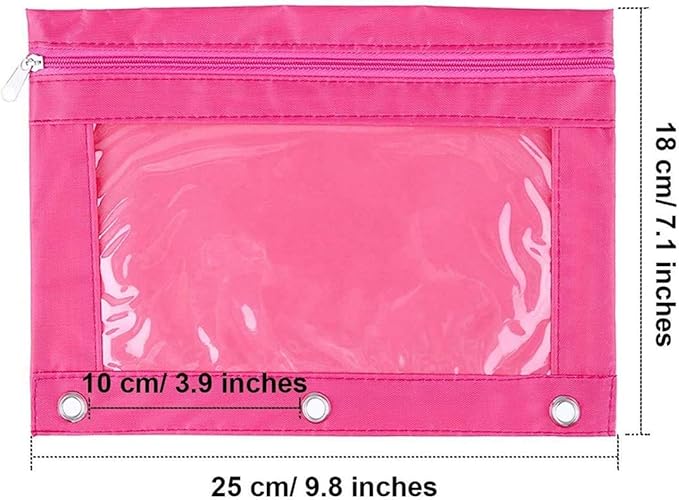 Zippered Pen Pencil Binder Pouch 3 Rings with Clear Window for School Classroom Organizers 8 Pcs (Rose red)