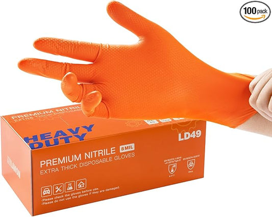 LANON 8mil Orange Disposable Nitrile Gloves, Mechanic, Heavy Duty, Food Safe, Latex Free, Powder Free, Fully-Diamond Textured, XL