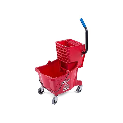 Carlisle FoodService Products 26-Quart Commercial Mop Bucket with Side-Press Wringer, Precision-Molded Polypropylene, Durable Wringer, Bucket with Non-Marking Casters, 18.5 x 16.5 x 23 Inches, Red
