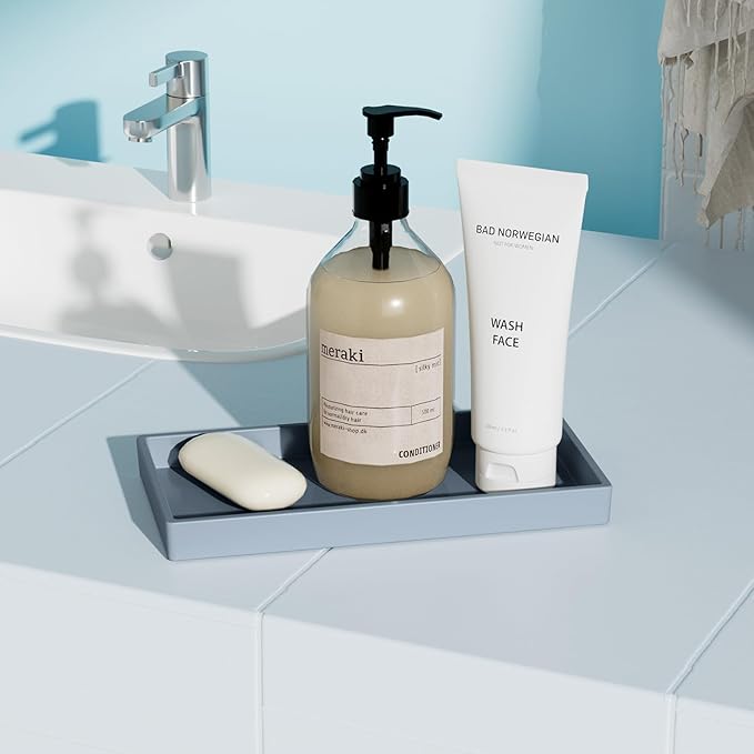 Vanity and Bathroom Tray, 7.7" ABS Countertop Organizer,Waterproof Vanity Tray for Toilet Tank,Perfume,Soap,Keys,Bathroom Accessories,Kitchen and Bath Trays,Non Slip Small Trays,Gray