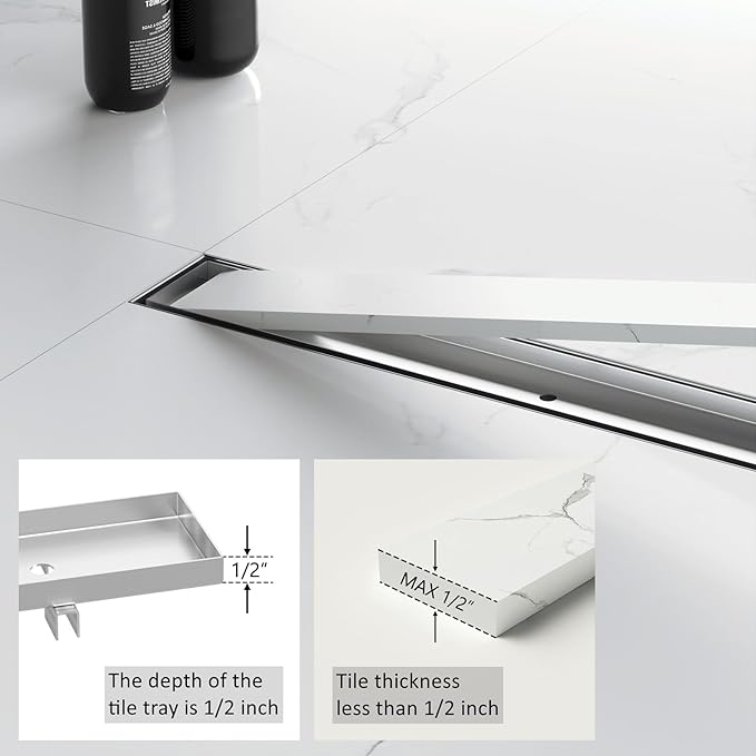 Sharpeye 24 Inch Linear Shower Drain with Tile Insert Grate, Brushed Nickel 304 Stainless Steel Rectangle Shower Floor Drain for Bathroom, CUPC Certified, with Hair Strainer, Leveling Feet