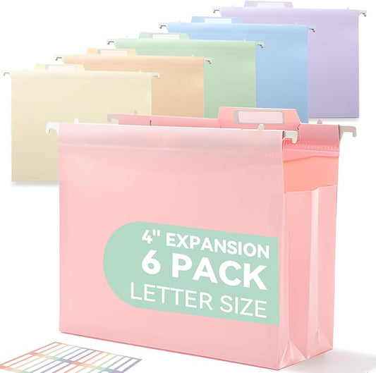 Plastic High Capacity Hanging File Folders, Pastel Colors, 4" Expanding Pocket with Movable Dividers, Heavy Duty for Filing Cabinet, Insertable Tabs, Letter Size - 6 Pack