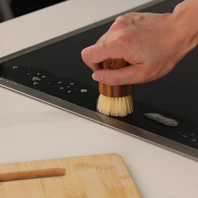 Teak Dish Scrub Brush 2PCS by HTB, Good Grip Small Wooden Dish Brush with Teak Handle & Sisal Bristles for Kitchen, Wood Cleaning Scrubbers Set for Washing Pan/Pot/Vegetable/Fruit