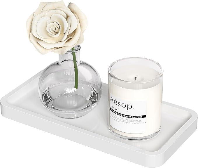 Weenson Small Bathroom Vanity Tray for Countertop Makeup Perfume Jewelry Decor Candle Keys, Bamboo Kitchen Tray for Soap Dispenser Spice, Small White Toilet Tray for Sink7.9 L x 4" W x 0.79" H