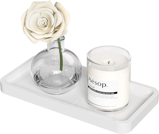 Weenson Small Bathroom Vanity Tray for Countertop Makeup Perfume Jewelry Decor Candle Keys, Bamboo Kitchen Tray for Soap Dispenser Spice, Small White Toilet Tray for Sink7.9 L x 4" W x 0.79" H