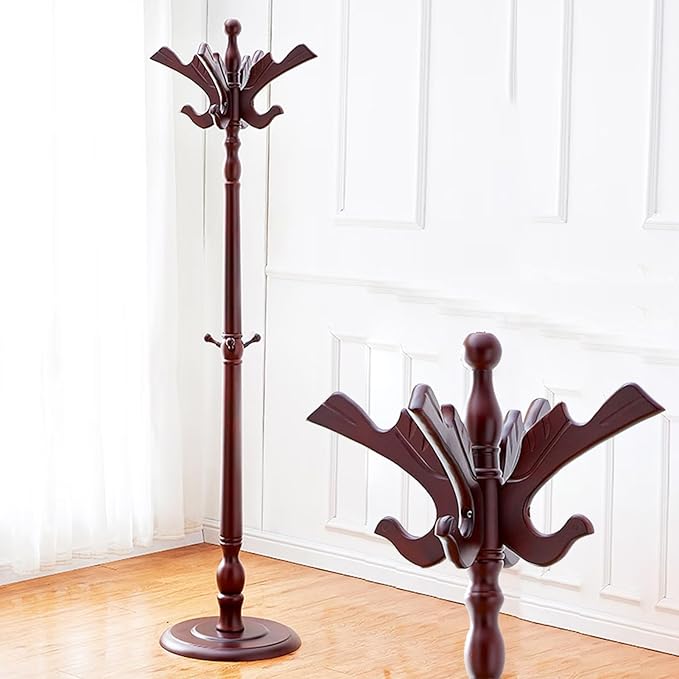 Wooden Coat Rack Free standing, Vintage Coat Rack Stand for Entryway, Adjustable Height 73", Heavy Duty Coat Tree with Solid Round Base for Home Bedroom, Office (Hummingbird)
