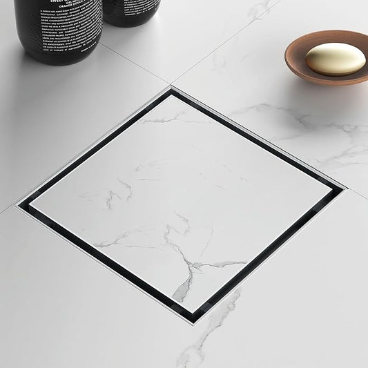 Sharpeye 6 Inch Square Shower Drain with Removable Tile Insert Grate, Brushed 304 Stainless Steel Square Shower Floor Drain, Includes Hair Strainer, CUPC Certified