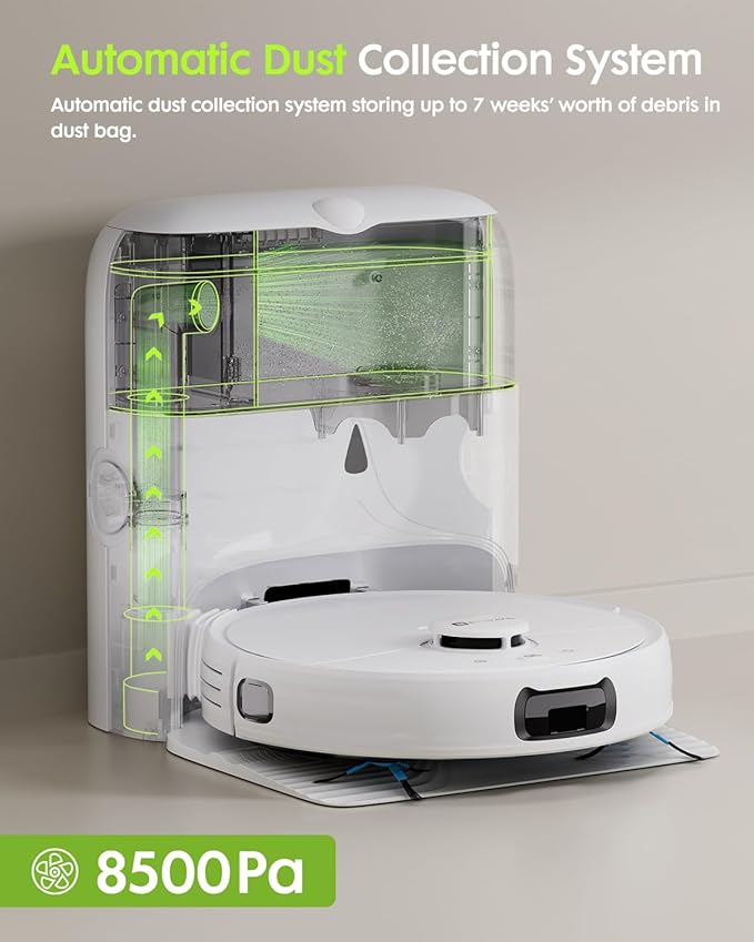 V5 Robot Vacuum and Mop, Self-Emptying Robotic Vacuum Cleaner, 8500Pa Suction, Pet Hair Tangle Cutter, Laser Navigation, Cat Laser, Carpet Detection, Ideal for Hard Floor, Tile, and Carpet