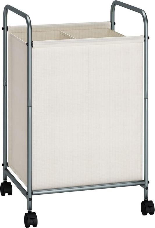 STORAGE MANIAC Rolling Laundry Hamper, 100L Laundry Basket with Lockable Wheels, Double Clothes Sorter Cart, 2 Bag Clothes Separator Hamper for Closet, Bathroom, Laundrys Room, 2 Section Beige