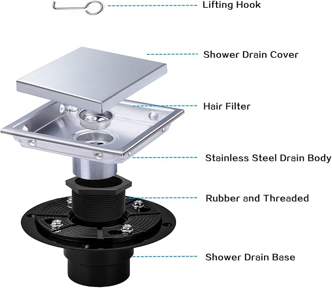 Square Shower Drain, Silver Shower Drain 6 inch with Flange and 2 in 1 Tile-Insert Cover, AISI 304 Stainless Steel Shower Floor Drain with Hair Catcher and Flange