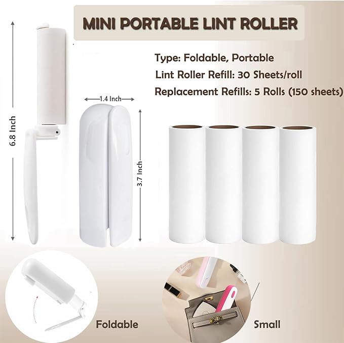 Mini Lint Roller with 150 Sheets, Travel Size Portable Lint Roller Compact Pet Hair Remover with 5 Refills, Sticky Dust Fuzz Fur for Travel Household (White)
