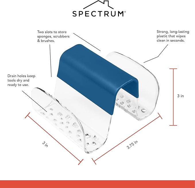 Spectrum Sink Saddle for Kitchen Sink Blue Clear Sponge and Brush Holder Organizer, Dish Brush and Sponges Plastic Saddle Caddy for Double Sink Storage with Drain Holes for Quick Drying Organization