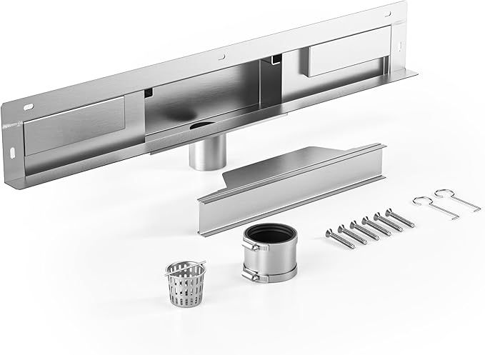 Linear Wall Drain 24’’, 304 Stainless Steel Side Drain w/Tiled Grate & Hair Strainer, Brushed Tiled Shower Drain for Bathroom, CUPC Certified