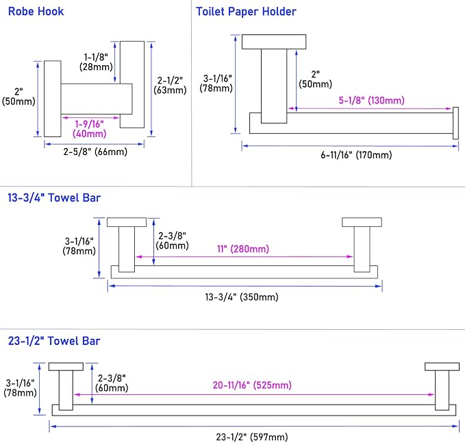 Suyar Bathroom Accessories Set Polished Chrome, SUS 304 Stainless Steel Bathroom Hardware Set 4 Pieces, Include Robe Hook, Toilet Paper Holder, Hand Towel Holder, Towel Bar, Wall Mounted