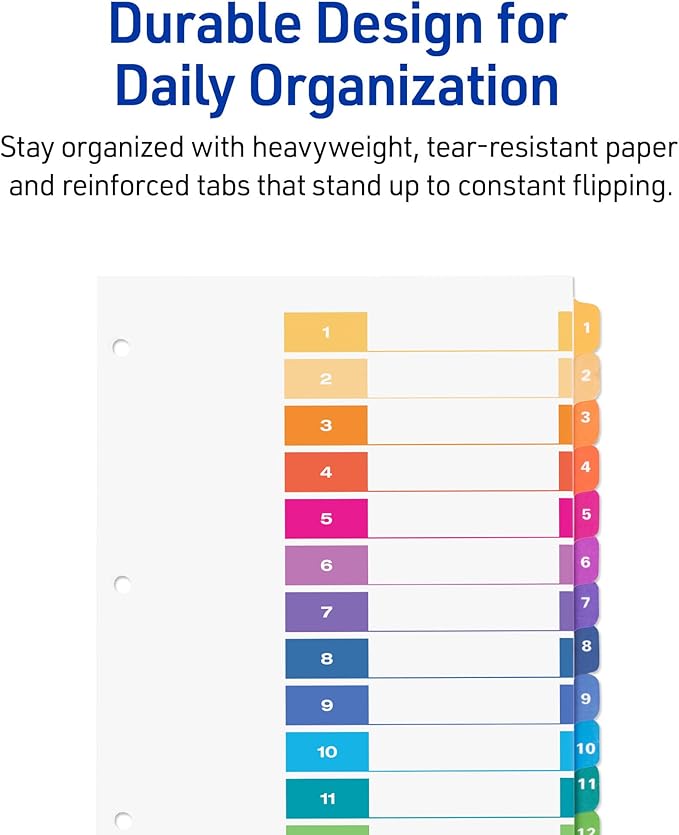 Avery Dividers for 3 Ring Binders, 12 Tabs per Set, Customizable Table of Contents, Multicolor Tabs, Great for Organizing Reports, Projects, and More (3 Sets of 11073)