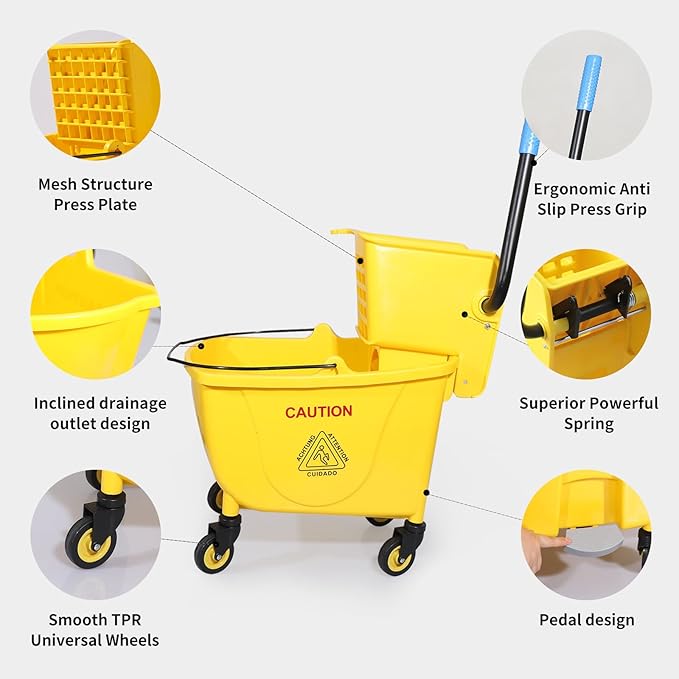 Side Press Wringer Combo Commercial Floor Cleaning Rectangular Mop Bucket on Wheels, 35-Qt, Yellow,Add One Mop and One Mop Head Replacement