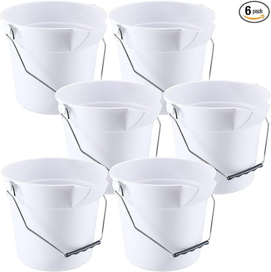 6 Pcs 2.5 Gallon Bucket for Cleaning Plastic Heavy Duty Clean Bucket with Handle and Spout Industrial Storage Container (White)