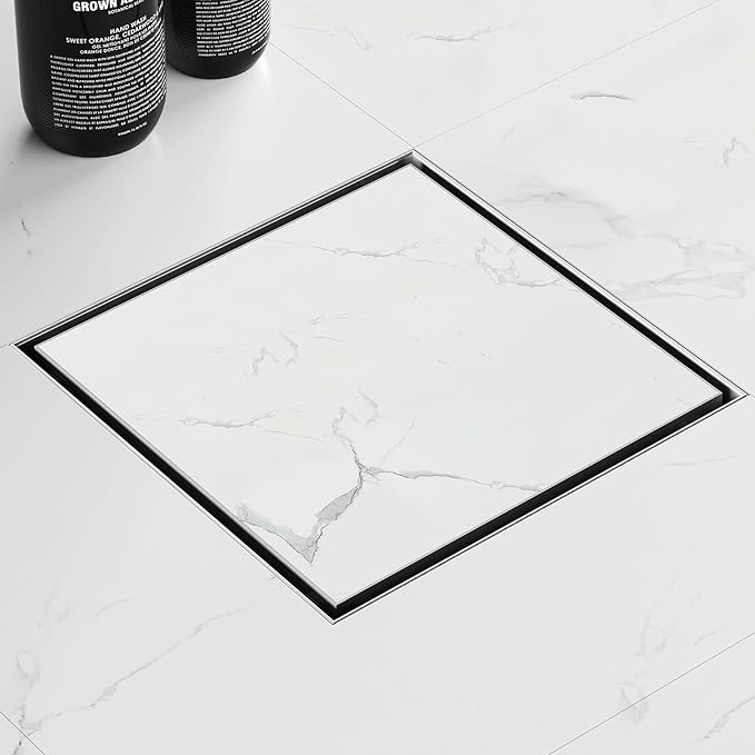 Sharpeye 8 Inch Square Shower Drain with Removable Tile Insert Grate, Brushed 304 Stainless Steel Square Shower Floor Drain, Includes Hair Strainer, CUPC Certified