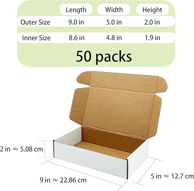 White Shipping Boxes 9x5x2 inch 50 Pack,Corrugated Boxes Mailer Packaging for Mailing Small Business，E-Commerce Gift Boxes for Wrapping Present Moving Storage Heavy Duty Recycled Cardboard Boxes