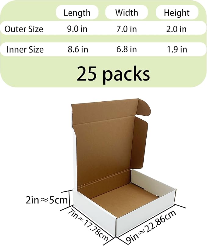 White Shipping Boxes 9x7x2 inch 25 Pack,Corrugated Boxes Mailer Packaging for Mailing Small Business，E-Commerce Gift Boxes for Wrapping Present Moving Storage Heavy Duty Recycled Cardboard Boxes
