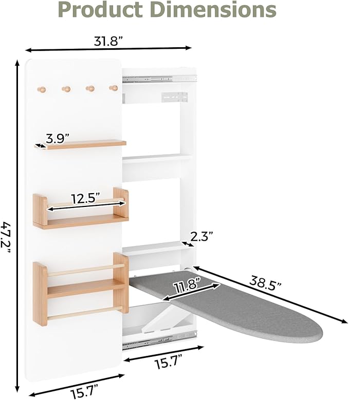 Wall Mounted Ironing Board Cabinet with Storage, Foldable Wall Ironing Board with Sliding Door, Wall Mount Space Saving Ironing Station for Laundry Room, Living Room, Entrance