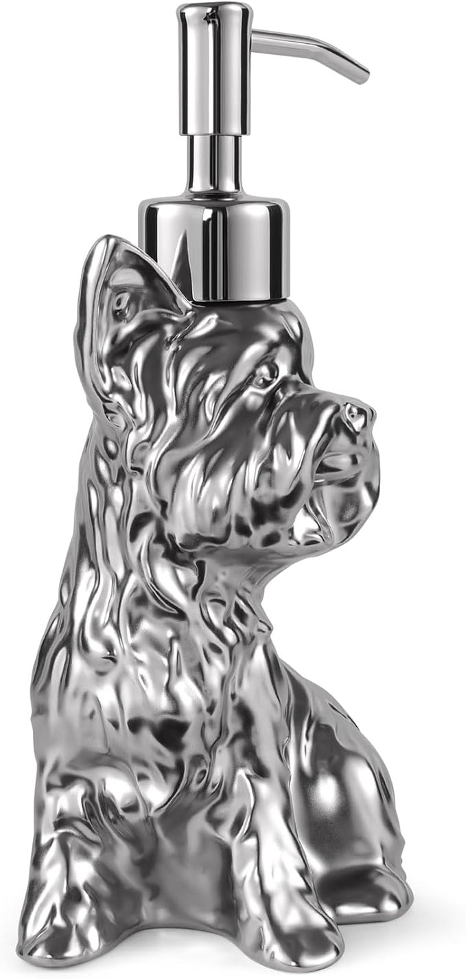 Yorkshire Terrier Shaped Soap/Lotion/Hand Sanitizer Dog Lover Stainless Steel Pump Dispenser for Dog Gifts, Refillable for Kitchen and Bathroom(Silver)