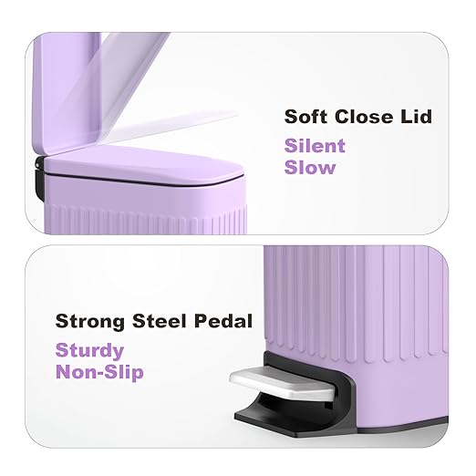 TrashAid Slim Bathroom Trash Can with Lid Soft Close, 6 Liter/1.6 Gallon Stainless Steel Small Garbage Can with Removable Inner Bucket, Step Pedal, Slim Wastebasket for Toilet, Office, Bedroom, Purple