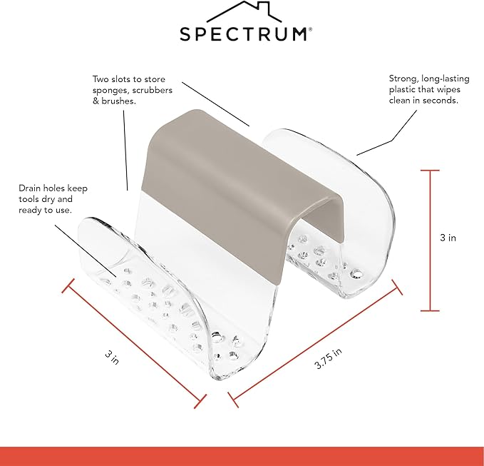 Spectrum Sink Saddle for Kitchen Sink Warm Gray Clear Sponge and Brush Holder Organizer, Dish Brush and Sponges Plastic Saddle Caddy for Double Sink Storage with Drain Holes for Quick Drying
