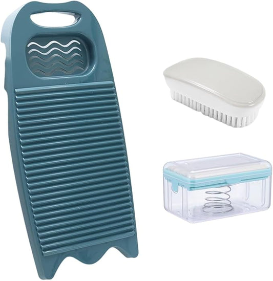 Wash Board, Washboard for Hand Washing Clothes, Plastics Laundry Scrub Board Household With Holder Portable (D-Navy blue+multifunctional soap dish+soft bristle brush)