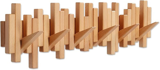 Wooden Coat Rack Wall Mounted Sticks Multi Rack Solid Handmade Natural Beech Wood Artwork with 6 Flip-Down Unique Modern Hooks for Coats Bag Hat Umbrella
