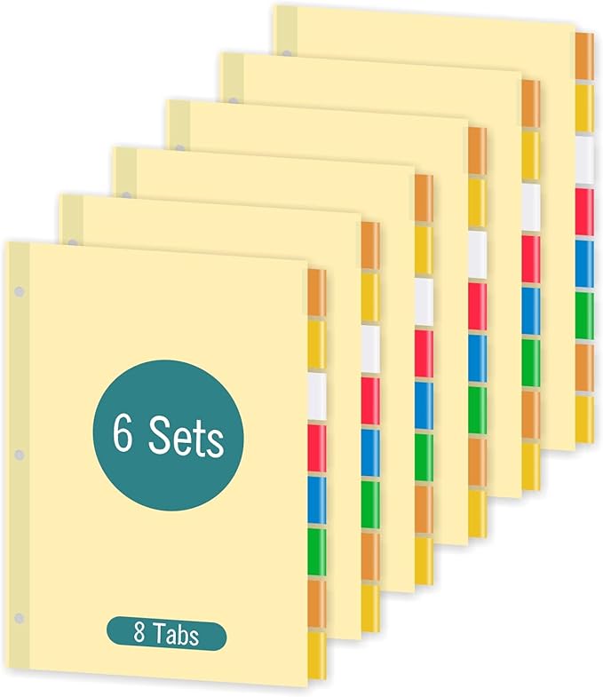 8-Tab Binder Dividers for 3 Ring Binder, Insertable Multicolor Big Tabs, Letter Size Paper Divider, 8.5 x 11 inch, 6 Sets (48 Dividers Total)